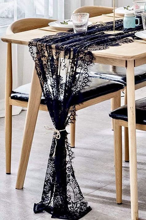 Black Lace Table Runner, Leather And Lace Party Theme, Boho Thanksgiving, Lace Table Runner Wedding, Dinner 2023, Spanish Party, Wedding Anniversary Party Decorations, Fundraiser Party, Birthday Party Table Decorations