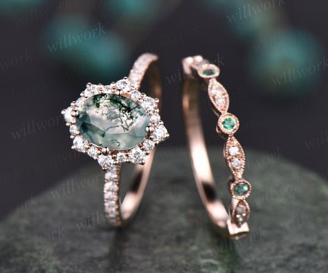 Emerald Stone Engagement Ring With Band, Green Amythest Engagement Ring, Earthy Wedding Rings Unique, Timeless Emerald Ring With Bezel Setting For Wedding, Timeless Emerald Wedding Ring With Bezel Setting, Timeless Green Jewelry With Bezel Setting, Green Emerald Jewelry With Rose Cut Diamonds, Handmade Diamond Rings For Formal Occasions, Timeless Green Jewelry With Accent Stones