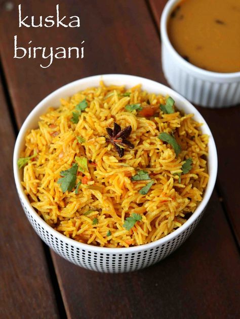 kuska recipe | kuska biryani recipe | how to make plain biryani recipe with step by step photo and video recipe. most commonly biryani recipes are amalgamation of vegetables, spices, and even choice of meat followed by a slow cooking. however down in south there is unique variation to this popular biryani rice recipe prepared with just rice and spices. hence it is often served with other vegetable based curries like kurma or stew. Spicy Rice Recipes, Kuska Recipe, Hyderabadi Biryani Recipe, Biryani Rice Recipe, Spicy Rice Recipe, Hyderabadi Cuisine, Indian Rice Recipes, Spiced Rice, Spicy Rice