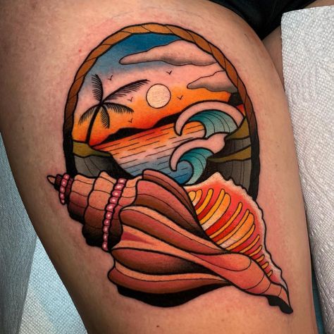 Fun conch shell/ beach landscape for Lauren. Thanks so much! @stayhumbletattooco  #tattoo #tattoos Traditional Sealife Tattoo, Traditional Conch Shell Tattoo, Beach Landscape Tattoo, Landscape Tattoo Design, Conch Tattoo, Conch Shell Tattoo, Stay Humble Tattoo, Tropical Tattoos, Landscape Tattoos