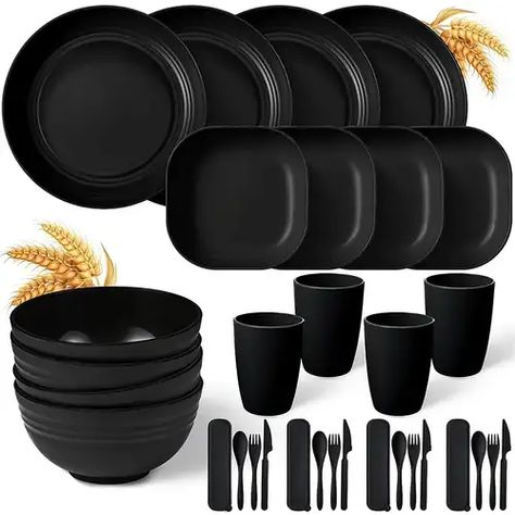 Black Dinnerware Set, Outdoor Camping Party, Picnic Gifts, Plastic Dinnerware Sets, Caravan Makeover, Black Dinnerware, Plastic Dinnerware, Úložný Box, Plates And Bowls Set