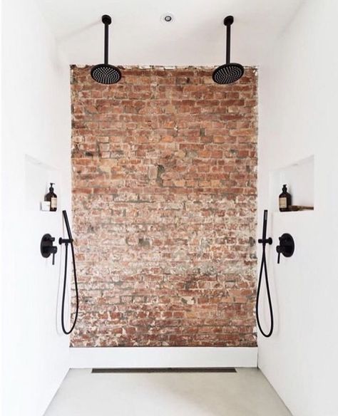 Brick Bathroom, Brick Feature Wall, Industrial Style Bathroom, Double Shower, Bad Inspiration, Hospital Interior Design, Laundry In Bathroom, Exposed Brick, Bathroom Styling