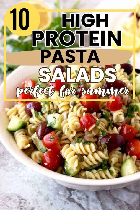 These high protein pasta salads are perfect for summer. These recipes are great for bariatric patients looking to enjoy a little pasta and get enough proteins. Low Calorie Pasta Salad|Healthy Pasta Salad Recipes|Protein Salad Recipes|High Protein Pasta Recipes|Protein Pasta Salad|Healthy Pastas Health Pasta Salad, Low Calorie Chicken Pasta Salad, Healthy Pasta Salad For Lunch, Low Cal High Protein Pasta Salad, Low Carb High Protein Pasta Salad, High Protein Italian Pasta Salad, Healthier Pasta Salad, Healthy Summer Pasta Recipes, High Protein Summer Salads