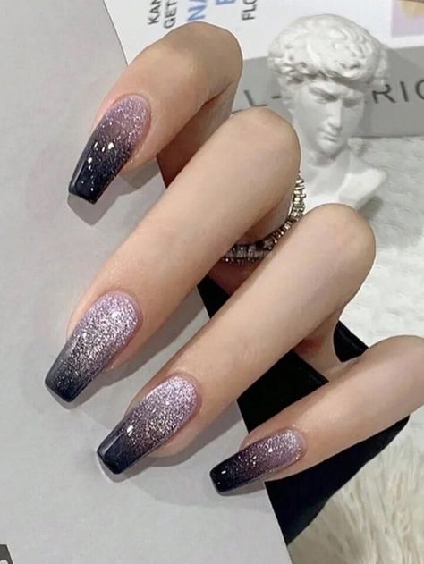 Pink Black Ombré Nails, Matte Gray Nails With Glitter, Black Nail Silver Tip, Galaxy Ombre Nails, Purple Silver Black Nails, Falling Glitter Nail Art, Black Nails With Silver Chrome, Black Grey Ombre Nails, Black Cats Eye Nails Design Ideas