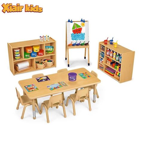 Kindergarten Daycare Furniture Montessori Wooden Kids Table Chair Set Design Nursery Childcare Center Preschool Furniture Preschool Storage, Wooden Kids Table, Preschool Classroom Setup, Daycare Furniture, Kids Wooden Table, Kids Table Chair Set, Preschool Furniture, Classroom Storage, China Furniture