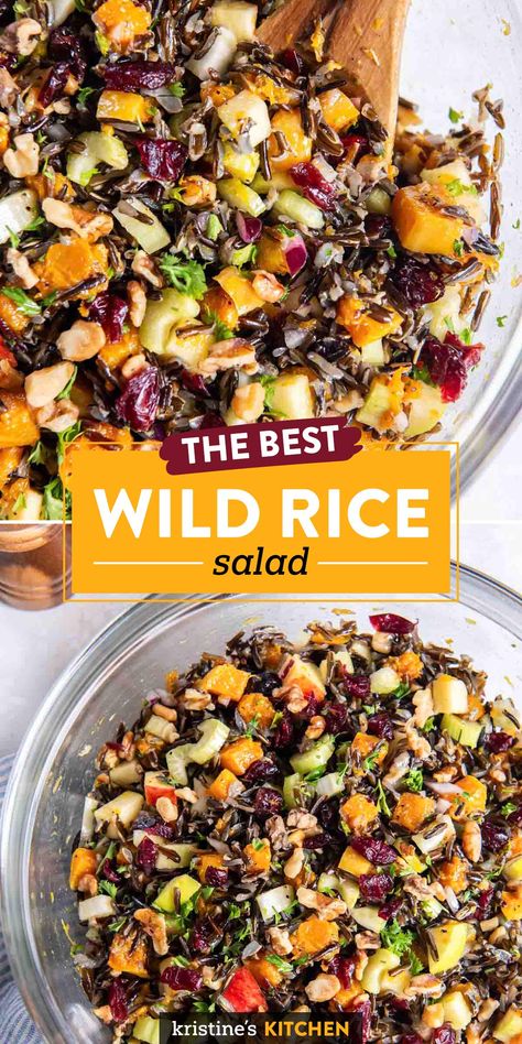 This wild rice salad has roasted butternut squash, apple, toasted walnuts, dried cranberries and a delicious orange vinaigrette dressing. It's a beautiful salad that's perfect for Thanksgiving! Wild Rice With Cranberries, Cold Vegetable Side Dishes Thanksgiving, Wild Rice Chicken Salad, Dairy Free Christmas Sides, Wild Rice Salad Recipe Cold, Cold Vegetable Salad, Make Ahead Salads For A Crowd, Cold Salads For Lunch, Rice Salad Recipes Cold