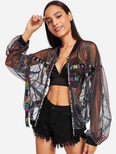 Letter Print Mesh Panel Jacket -SheIn(Sheinside) Idol Life, Moodboard Fashion, Organza Jacket, Panel Jacket, Mesh Jacket, Boujee Outfits, Digital Fashion, Style Rock, Women Jackets