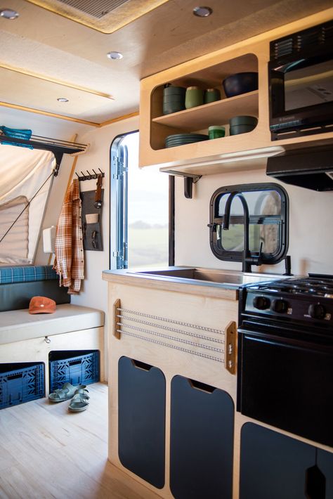 Photo 9 of 12 in A California Couple Turn a Dated Camper Into a Dreamy Family Getaway - Dwell Camper Furniture Ideas, Counter Microwave, Stylish Vans, Camp Van, Kitchen Bamboo, Small Camper Vans, Camper Design, Auto Camping, Bamboo Floor