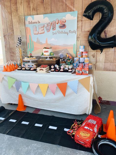 Cars The Movie Theme Birthday Party, Retro Cars Birthday Party, Mater Birthday Party Ideas, Retro Radiator Springs Birthday, Pixar Cars Two Fast Birthday, Cars Radiator Springs Birthday Parties, Disney Cars 2nd Birthday Party, Cars Three Birthday Party, Radiator Springs Birthday Cake