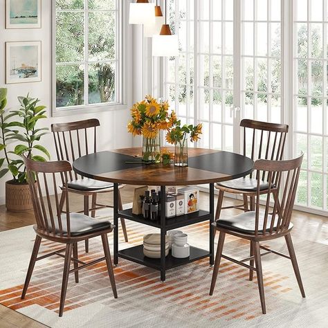 Round Dining Table for 4, 47 inch Kitchen Table Small Dinner Table with Storage Shelf - On Sale - Bed Bath & Beyond - 36969309 Small Dinner Table, Round Dining Table For 4, Round Dinner Table, Dining Table For 4, Dining Table With Storage, Kitchen Table Wood, Square Dining Tables, Wood Table Top, Table With Storage