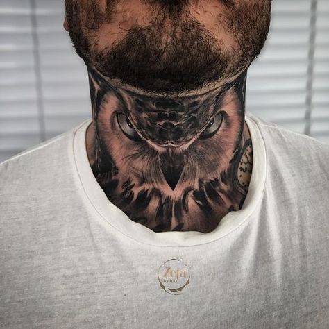 Birds are a symbol of freedom, although owls are representation of wisdom and knowledge. Owls are also connected with mystery, making them enigmatic birds. Kneck Tattoos, Owl Neck Tattoo, Tattoo Main, Full Neck Tattoos, Best Neck Tattoos, Orca Tattoo, Redwork Patterns, Girl Back Tattoos, Throat Tattoo