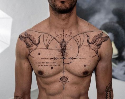 40+ Tattoo Ideas for Men 33 Guru Tattoo, Font Tato, Geometric Chest, Tattoo Font For Men, Full Chest Tattoos, Symmetrical Tattoo, Masculine Tattoos, Simple Tattoos For Guys, Cool Chest Tattoos