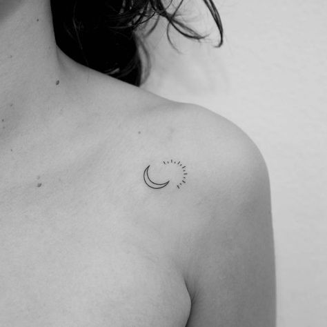 Minimalist sun and moon tattoo on the shoulder. Sun And Moon Unique Tattoo, Small Tattoo On Shoulder, Sun Moon Tattoo Women, Half Moon Tattoos For Women, Small Moon Tattoo Shoulder, Moon Tattoos Women, Half Moon And Sun Tattoo, Minimalist Tattoo On Shoulder, Moon On Shoulder Tattoo