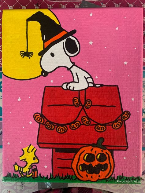 Spooky Art Canvas, Halloween Things To Paint On Canvas Easy, Cute Easy Fall Paintings On Canvas, Halloween Small Paintings, What To Paint Halloween, Halloween Paintings Acrylic, Halloween Art Inspo Easy, Painting Inspo Halloween, Snoopy Halloween Paintings On Canvas