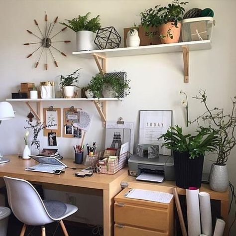 Inspiring workspace with shelves + plants › via @workspacegoals on Instagram Shelves Above Desk, Dream Home Office, Ideas Habitaciones, Work Space Decor, Workspace Inspiration, Home Office Space, You Dream, Home Office Design, Home Decor Tips