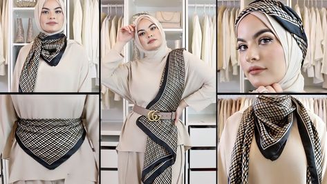 How To Style A Scarf In 10 Ways By Omaya Zein | Hijab Fashion Inspiration Omaya Zein, Style A Scarf, Silk Scarf Outfit, Modern Scarf, Style Tutorial, Patchwork Scarf, Hijab Style Tutorial, Tie Women, Scarf Outfit