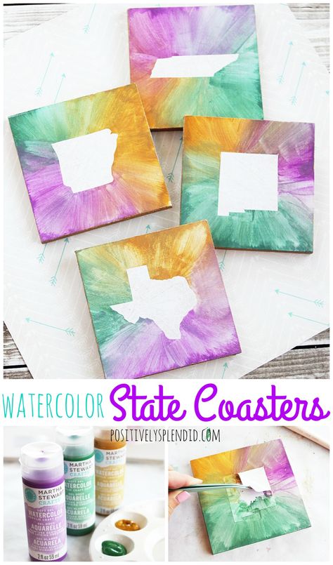 DIY Watercolor State Coasters - Easy DIY craft idea, and great for gifts! Tile Crafts For Kids, Crafts For Teenagers, State Crafts, Coaster Crafts, Martha Stewart Crafts, Diy Crafts Videos, Tile Crafts, Diy For Teens, Diy Coasters