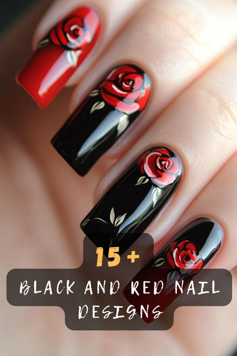 Red With Black Design Nails, Black Red Nail Art, Red Nails With Black French Tip, Black Cherry Nails Acrylic, Black And Red Nail Ideas, Dark Red And Black Nails, Red And Black Nails Ideas, Gang Nails, Black And Red Nail Designs