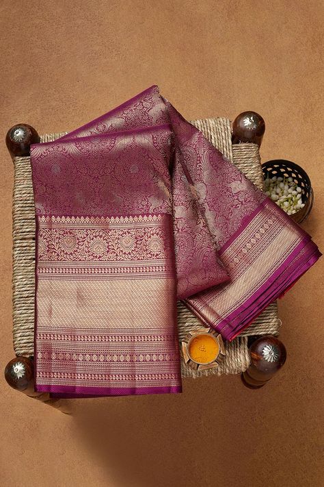 Buy Mulberry purple Zari Woven Kanchipuram Silk Saree Online | Samyakk Saree Display Ideas, Sarees Photography, Saree Display, Saree Photography, Saree Shoot, Flat Lay Photography Fashion, Saree Pic, South Indian Wedding Saree, Creative Shoot