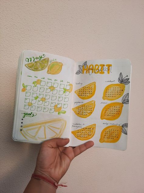 May bullet journal spread  Lemon theme Lemon Bullet Journal Theme, Citrus Bullet Journal Theme, Lemon Bullet Journal, Journal 2025, May Bullet Journal, Lemon Theme, Habit Tracker Bullet Journal, Journal Notes, Bullet Journal Notes