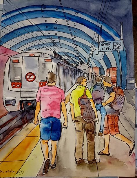 Composition Painting For Class 12, Metro Station Drawing, Railway Station Composition, Crowded Place Drawing, Watercolor Human Figures, Railway Station Drawing, Subject Drawing, Composition Watercolor, Composition Reference