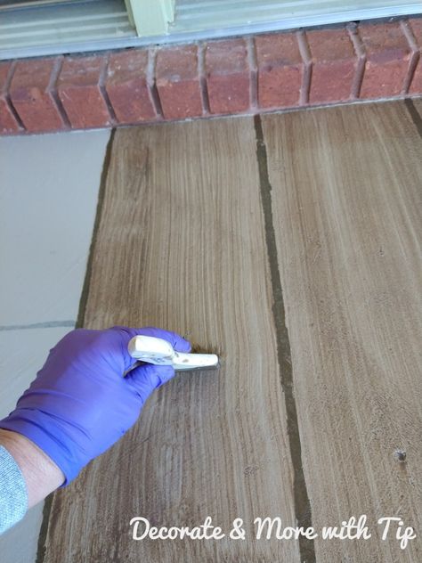 HOW I PAINTED & STAINED MY CONCRETE FLOOR TO LOOK LIKE WOOD – Decorate & More with Tip Stained Concrete Porch, Concrete Wood Floor, Diy Stained Concrete Floors, Stenciled Concrete Floor, Diy Concrete Stain, Concrete Stain Patio, Paint Concrete Patio, Stained Concrete Floors, Stained Floors