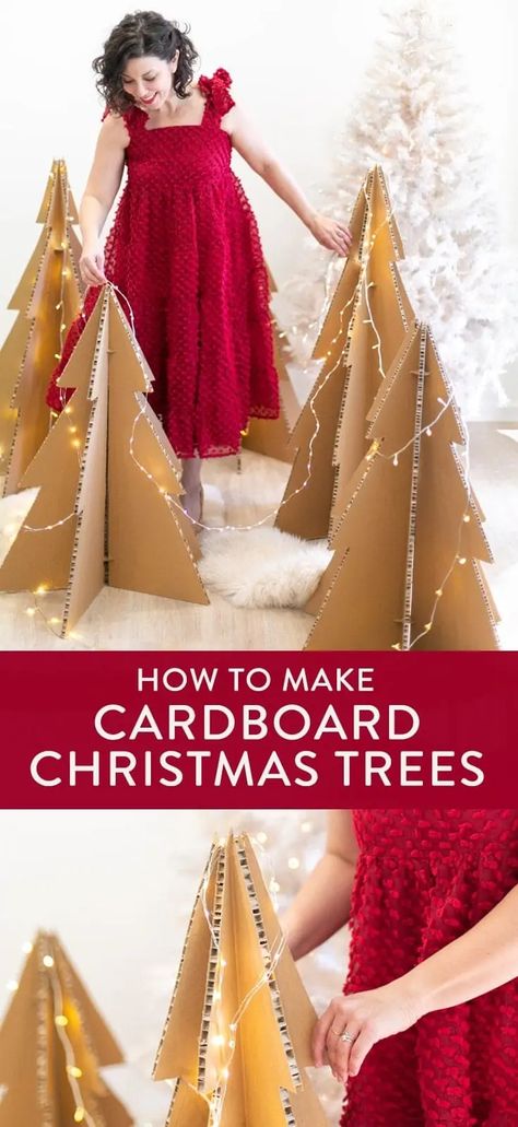 These life-sized cardboard Christmas trees make a major statement but are so easy to create! They're easy to store flat and will last again and again. Perfect winter holiday decor idea for indoor or outdoor. Click for the full tutorial! Easy Christmas Float Ideas Parade, Christmas Tree Farm Decorating Ideas, Christmas Party Decor Ideas Easy Diy, Grinch Float, Cardboard Christmas Trees, Christmas Parade Floats, Cardboard Christmas Tree, Cardboard Christmas, Parade Ideas