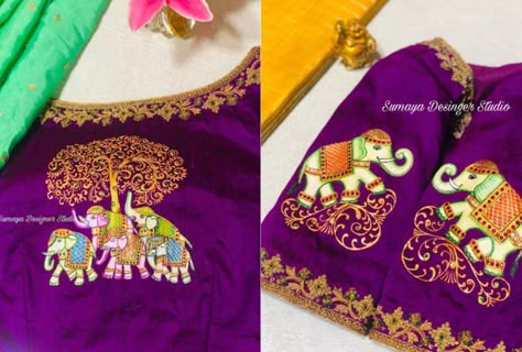 Elephant Computer Work Blouse Designs, Tanjoor Painting On Blouses, Elephant Blouse Work Designs, Elephant Embroidery Design Blouse, Elephant Work Blouse Designs, Elephant Design Blouse Work, Elephant Aari Work Blouse, Elephant Maggam Work Designs, Computer Embroidery Design Blouses For Pattu Sarees