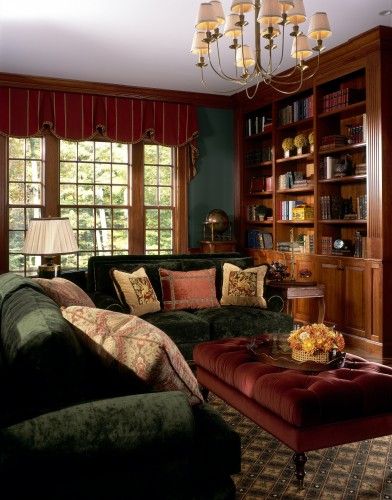 Red And Olive Green Living Room, Green Library Living Room, Green And Brown Furniture Living Room, Interior Design Living Room Dark Wood, Green Living Room Dark Wood, Dark Wood Green Living Room, Forest Green And Orange Living Room, Olive Green And Red Bedroom, Brown Green And Red Aesthetic