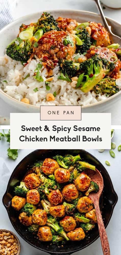 Lean And Clean Recipes, Sweet And Spicy Turkey Meatballs, Protein Packed Dinners, Sesame Chicken Meatballs, Chicken Meatball Bowls, Spicy Sesame Chicken, Sandwich Meal Prep, Meatball Bowls, Amelia Freer