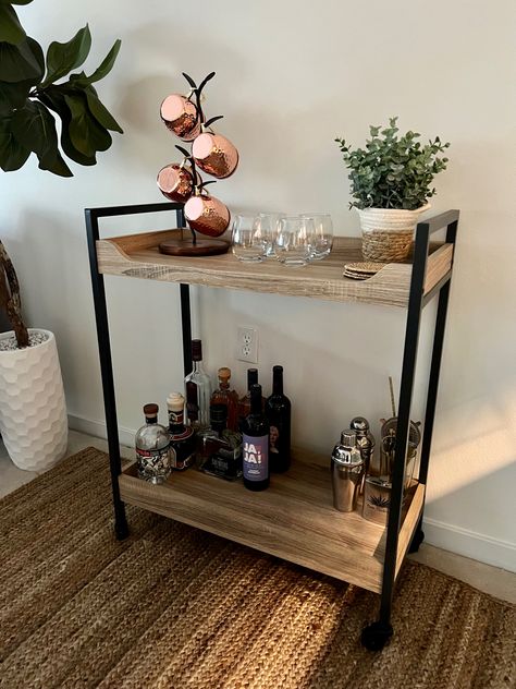 Bar cart on sale at Wayfair Whiskey Bar Cart Styling, Small Apartment Bar Area, Bar Cart Uses, Bar Cart Apartment Small Spaces, Bar Cart Inspo Modern, Coffee And Alcohol Bar Cart, Bar Cart In Kitchen, Wood Mini Bar, Minimalist Bar Cart Styling