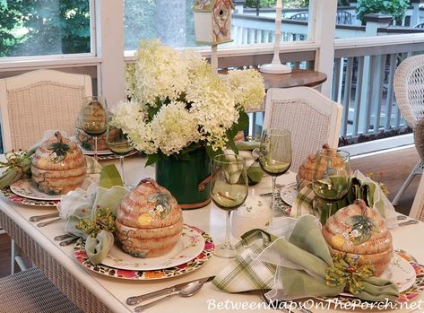 Floral & Bee-themed Tablescape for Summer Dining on the Porch Garden Party Table Setting, Candlelight Centerpieces, Garden Party Table, Magnolia Centerpiece, Summer Tablescapes, Spring Table Settings, Hutch Makeover, Limelight Hydrangea, Wicker Coffee Table