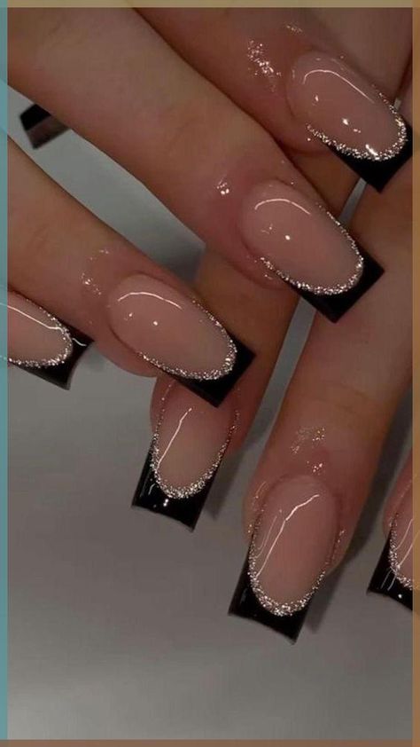 Trendy black french tip coffin shape silver sparkle acrylic nails Paznokcie Hello Kitty, Smink Inspiration, Girly Acrylic Nails, French Tip Acrylic Nails, French Acrylic Nails, Acrylic Nails Coffin Short, Short Acrylic Nails Designs, Sparkly Nails, Square Acrylic Nails