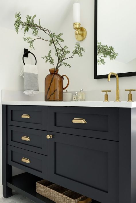 5 Bathroom Vanities For Your Next Renovation | Jkath Design Build Reinvent Bathroom Dark Blue Cabinets, Painted Sink Vanity, Vanity Top Storage Ideas, Dark Bathroom Sink Cabinet, Bathroom Dark Blue Vanity, Bathroom Hardware Black, Midnight Blue Bathroom Vanity, Dark Blue Vanity Bathroom Ideas, Dark Painted Bathroom Cabinets