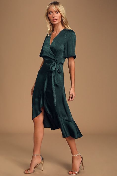 Long-sleeved cozy tops, boots, and fall-colored patterns have us swooning for fire pits and pumpkins. Green Wrap Dress, Love Dark, Wrap Dress Midi, Dark Green Dress, Satin Wrap Dress, Fall Wedding Guest Dress, Lulus Dresses, Guest Attire, Wedding Attire Guest