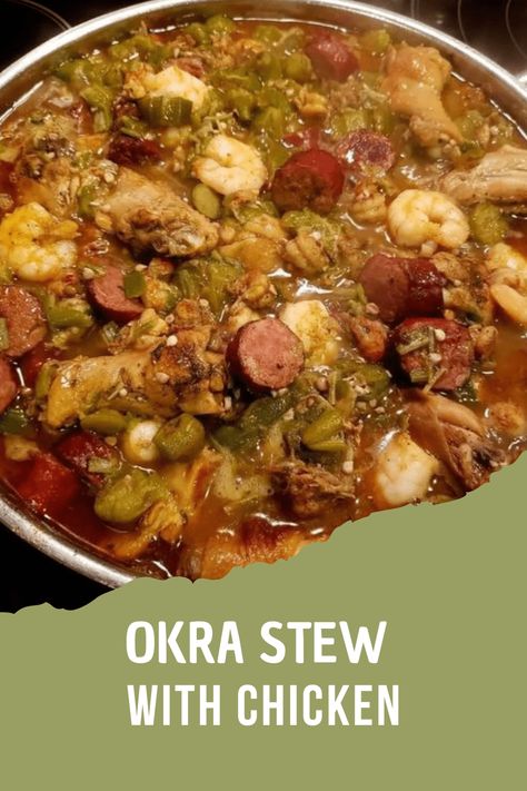 This hearty Chicken and Okra Stew is something like Brunswick stew, that old-fashioned Southern favorite—only the Haitian version is certainly fierier, thanks to the habanero. If you don't like it quite so spicy, use a seeded, minced jalapeño, which is somewhat fruitier and not as powerful. Home Main Dishesokra stew with chicken, sausage, shrimp and Okra Chicken And Sausage, Okra Stew With Chicken, Okra Gumbo Recipe, Orka And Shrimp Stew, Smothered Okra With Chicken And Sausage, Okra Stew New Orleans, Chicken And Okra Stew, Okra Stew Recipes, Chicken And Okra Recipes