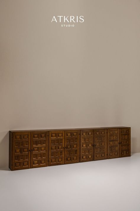 Large Spanish Brutalist Sideboard In Oak, Spain 1970s. With captivating graphical details and a total width of 420 cm, it's both bold and functional.  vintage design | vintage storage | vintage sideboard | Spanish design | Spanish vintage | Brutalist design | Brutalism Brutalist Credenza, Brutalist Sideboard, Vintage Media Console, Mid Century Cabinets, 1960s Furniture, Retro Sideboard, Brutalist Design, Five Elements, Spanish Design