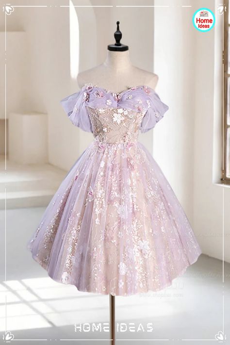 Lavender Prom Dresses Short, Purple Short Prom Dress, Quince Colors, Prom Dress Cute, Short Princess Dress, Purple Homecoming, Off Shoulder Tulle, Purple Short Dress, Chic Prom Dresses