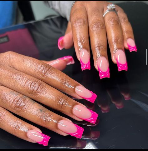 Hot Pink Nails Ideas, Hot Pink French Tips, Pink French Tips, Plain Nails, Long Acrylic Nail Designs, Hot Pink Nails, Classy Acrylic Nails, Unique Acrylic Nails, Square Acrylic Nails