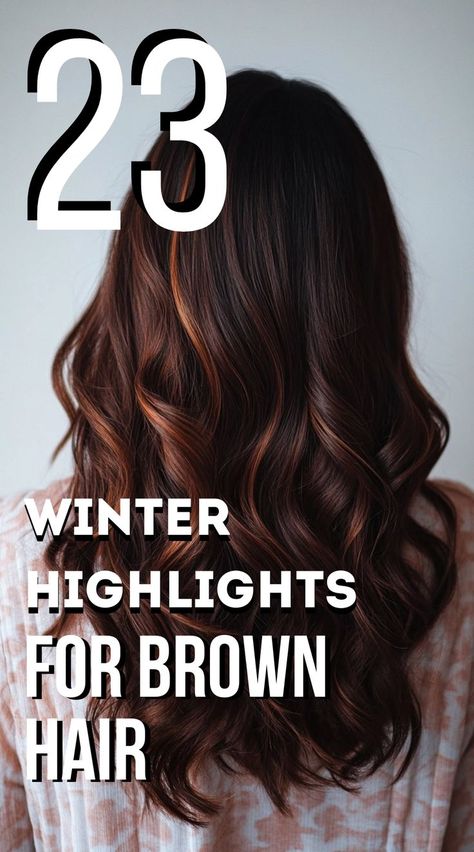 Make a bold statement this winter with deep burgundy highlights! This striking color adds a pop of vibrancy to your brown hair, giving you a standout look that’s perfect for holiday festivities. #BurgundyHighlights #BoldHair #WinterInspo Dark Brown Hair With Fall Highlights, Highlights For Cool Brown Hair, Light Chocolate Highlights On Dark Hair, Highlights Vs No Highlights, Brown Highlighted Hair Ideas, Single Color Hair Ideas, Brunette Covering Grey Hair, Winter Hair Highlights For Dark Hair, Best Way To Hide Gray Hair In Dark Hair