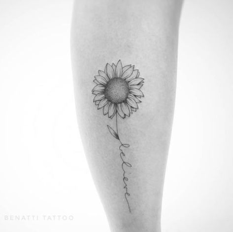 Sunflower Tattoo With Writing In Stem, Sunflower Word Tattoo, Unique Sunflower Tattoo, Sunflower Tattoo On Wrist, Fineline Tattoos, Small Sunflower, Small Tattoos Simple, Cute Tiny Tattoos, Sunflower Tattoos