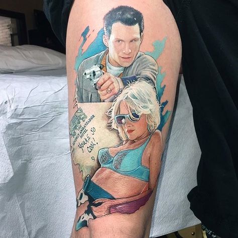 Clarence and Alabama from True Romance! Great piece to end not only my guest spot @offthemaptattoo but also my trip to the states! Back to Scotland today! 😃 @fusionink @killerinktattoo @dermalizepro @hustlebutterdeluxe @cheyenne_tattooequipment @stencilanchored @bulldogpro @evolutionchords @blkpowder @tatsoul #brotherprinter #clarence #alabama #clarenceandalabama #clarenceworley #alabamawhitman #trueromance #tonyscott #christianslater #patriciaarquette #quentintarantino Famous Movie Tattoos, Purple Heart Movie Tattoo, Castle Tv Show Tattoo, True Romance Tattoo, Tombstone Movie Tattoo Ideas, Tombstone Movie Tattoo, Clarence And Alabama, Movie Inspired Tattoos, Romance Tattoo