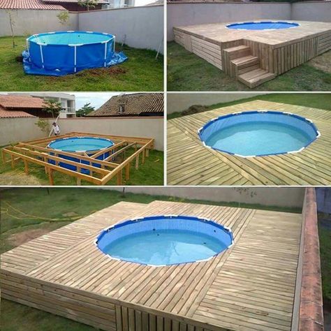 Pool deck Pool With Wooden Deck, Floating Deck Ideas, Pallet Pool, Deck Landscaping, Outdoor Barbeque, Floating Deck, Wooden Deck, Above Ground Pool Landscaping, Backyard Landscaping Plans