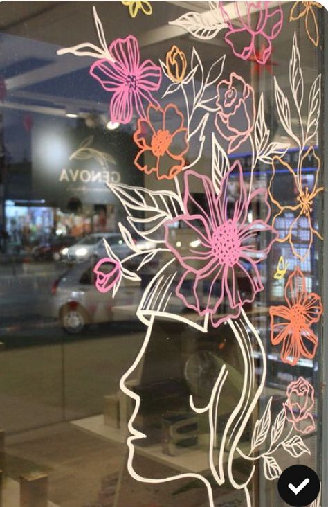 Hair Salon Window Painting, Pink Window Display, Summer Window Art, Salon Window Display, Salon Window, Mirror Drawings, Window Mural, Summer Window, Chalk Pens