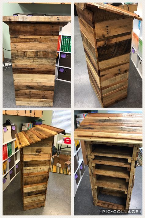 Podium made strictly from pallet boards. Teacher Podium, Pallet Flooring, Hs Classroom, Campground Ideas, Carpentry Ideas, Pallet Floors, Camping Classroom, Stage Ideas, Market Display