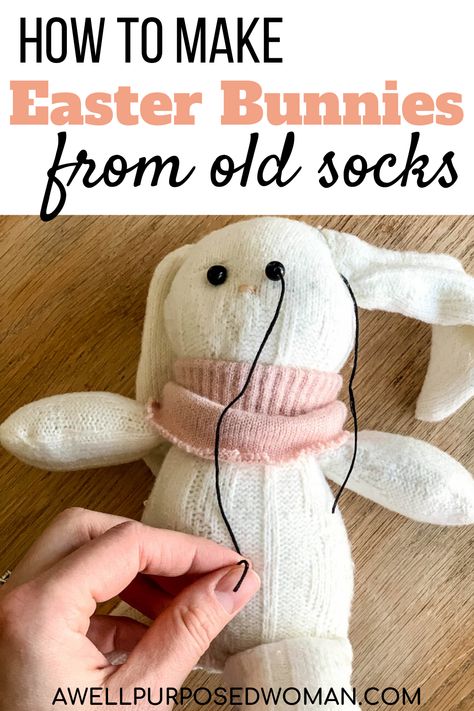 Do you want to know how to make your own Easter Bunnies this year? Add one of these soft and snugly Easter bunnies out of old socks. There is a free pattern to make it easy for you. No fancy supplies needed just a pair of old or new socks. This step by step tutorial will show you how! Sock Bunny Diy How To Make, Sock Bunny Diy, Glove Animals, Sock Animals Diy, Sock Creatures, Diy Sock Toys, Sock Bunny, Easter Crafts For Adults, Sock Snowman