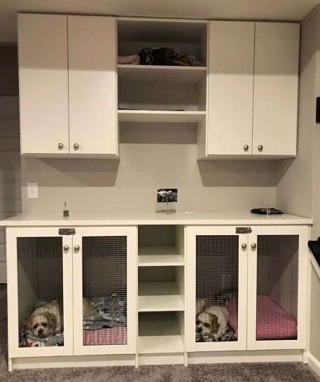 Dog Kennel Cabinet, Custom Kennels, Dog Crate Bed, Diy Dog Kennel, Crate Furniture Diy, Dog Washing Station, Dog Spaces, Crate Bed, Dog Kennels