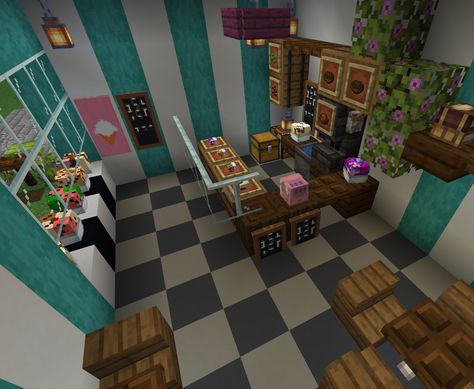 Ice Cream Machine Minecraft, Minecraft Barstool, Cute Minecraft Coffee Shop, Minecraft Bakery Interior Ideas, Ice Cream Shop In Minecraft, Cute Minecraft Cafe Interior, Restaurant Interior Minecraft, Bakery Shop Minecraft, Ice Cream Minecraft Build