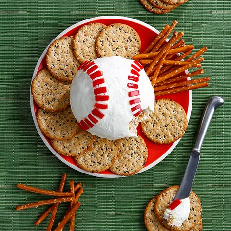 Hit a home run with this flavorful dish! Perfect for parties and backyard parties. Find all the ingredients you need at your local Schnucks! Phillies Party Food, Baseball Birthday Party Food Ideas, Baseball Themed Food Snacks, Baseball Party Appetizers, Baseball Themed Appetizers, Baseball Cheeseball, Baseball Theme Snacks, Baseball Appetizers, Ball Park Food Ideas