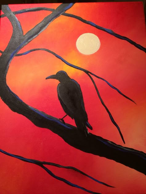 Crow Painting Acrylic Easy, Crow Painting Easy, Silohette Artwork Easy, Crow Painting Acrylic, Crow Drawing, Slate Painting, Fall Landscape Painting, Crow Painting, Beach Art Painting